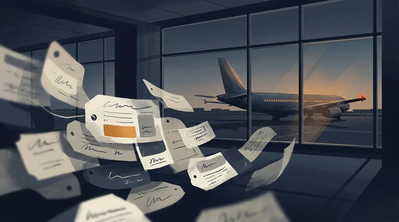 Illustration of a passenger airliner at dusk seen through an airport terminal window, with abstract paper price tags drifting in the foreground