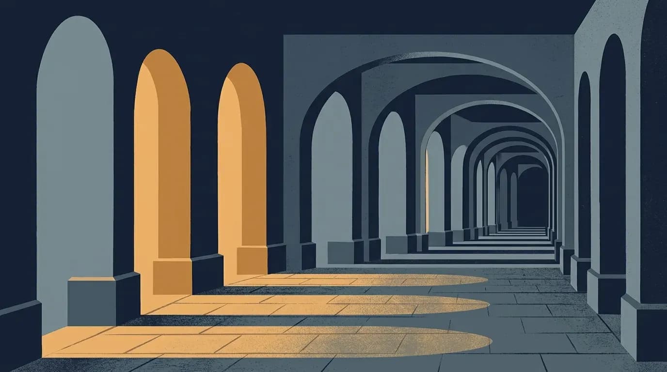 Illustration of a colonnade of arches receding into shadow, the nearest three lit in warm amber.