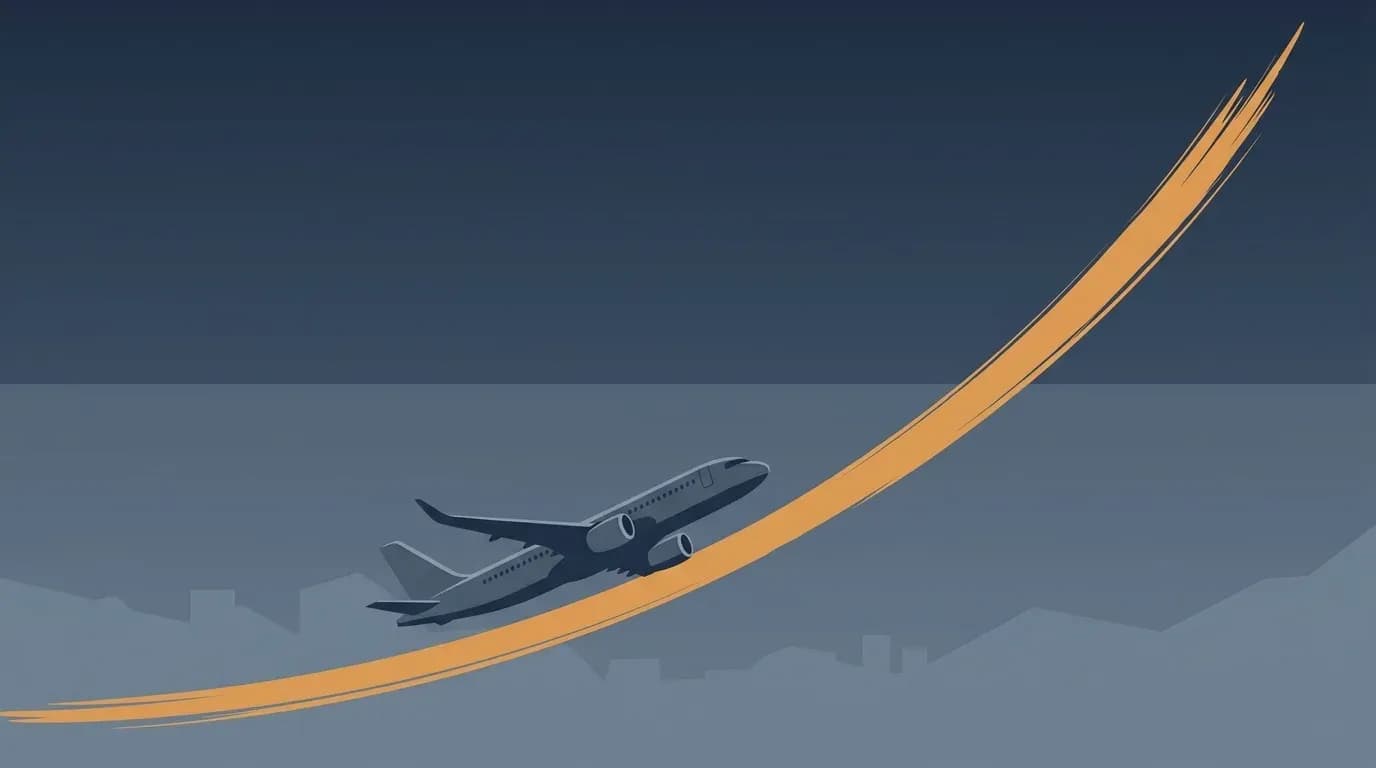 Illustration of a commercial airplane climbing steeply along a rising line
