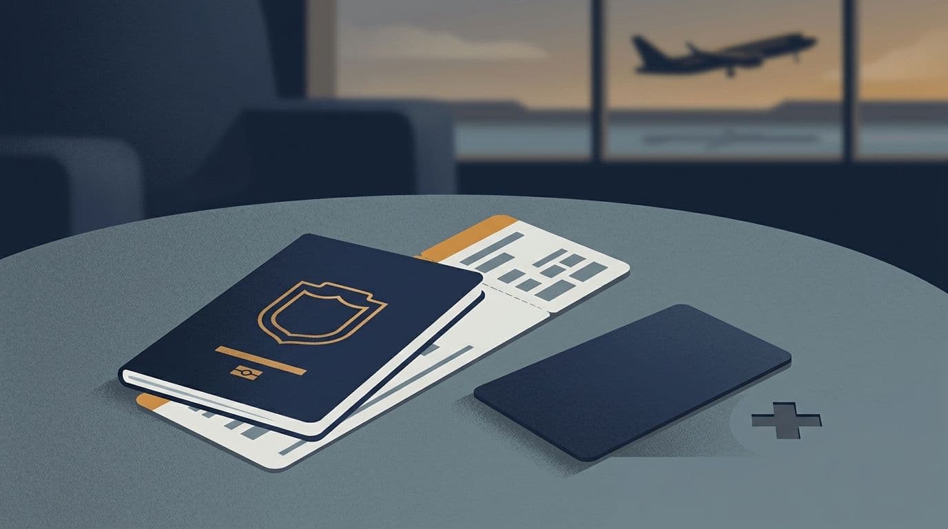 Illustration of a passport, a boarding pass and a plain credit card on a table by an airport window, with a small medical cross beside them