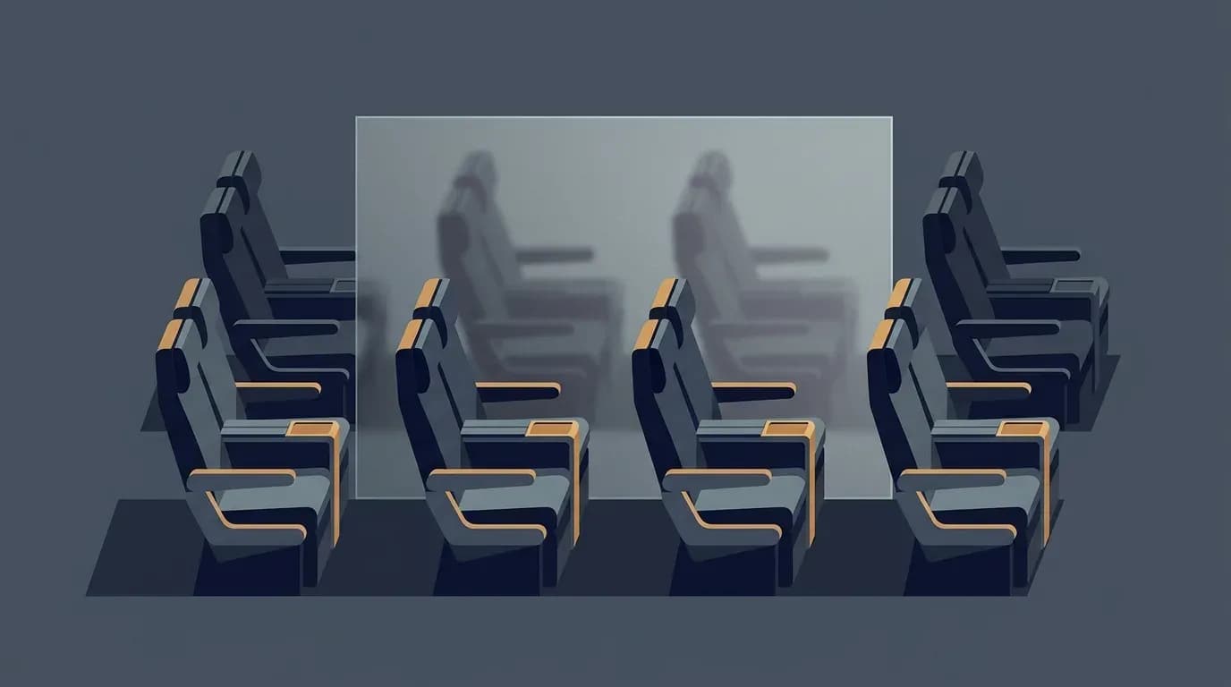 Illustration of two rows of aircraft cabin seats in front of a frosted glass panel that hides a further pair of identical seats behind it.