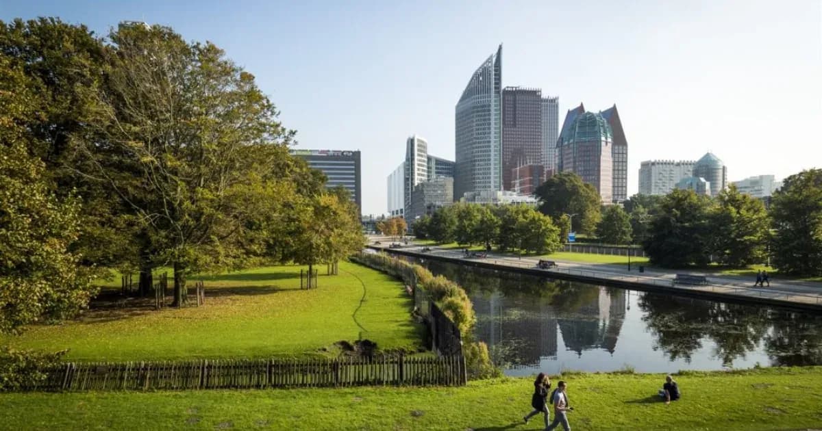 Skyline and canal-side park in The Hague, Netherlands